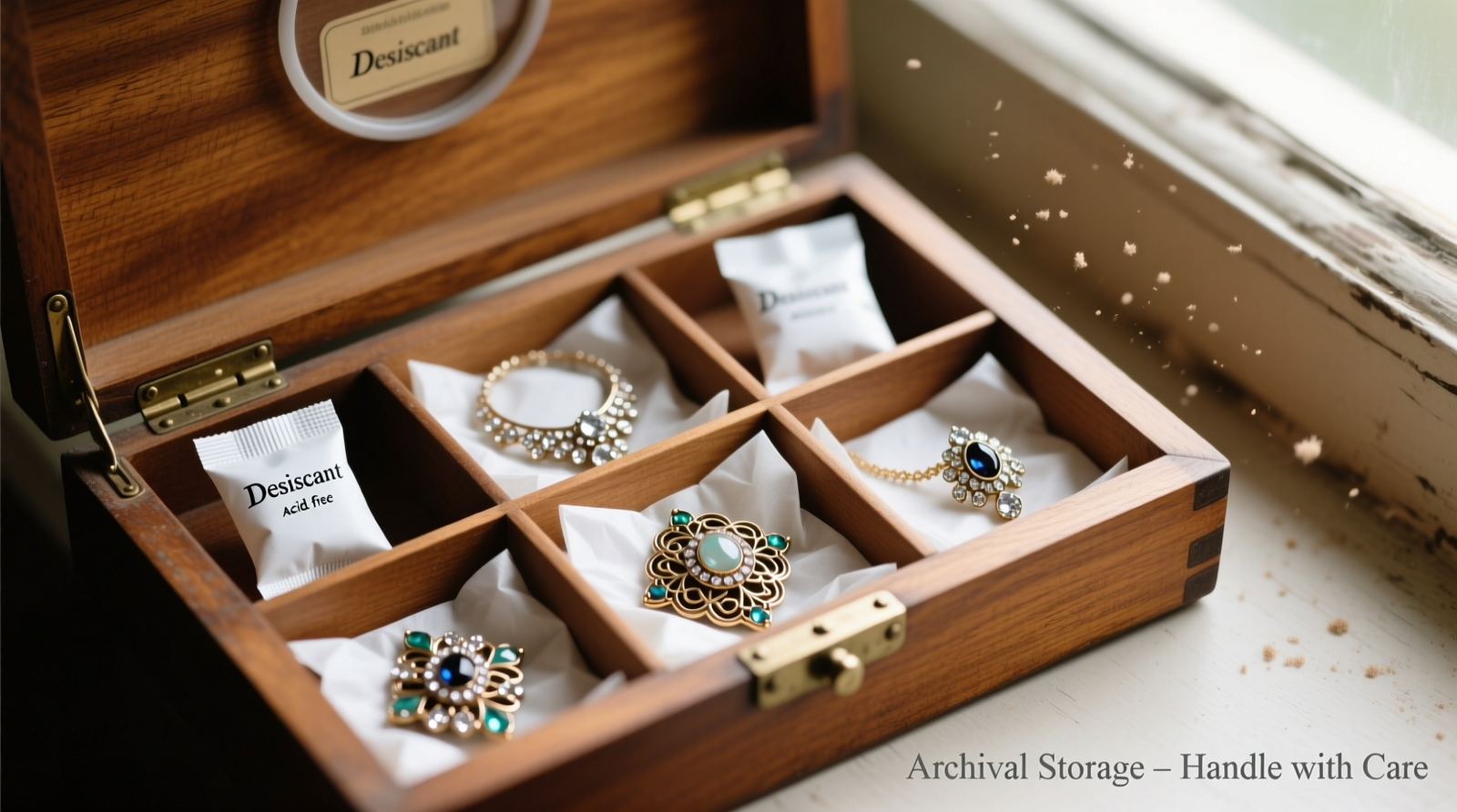 A neatly organized wooden jewelry drawer with labeled cotton-lined compartments; three small handmade charcoal sachets placed discreetly in corners, next to vintage brass earrings, beaded necklaces, and enamel brooches—all visibly untarnished and lustrous.