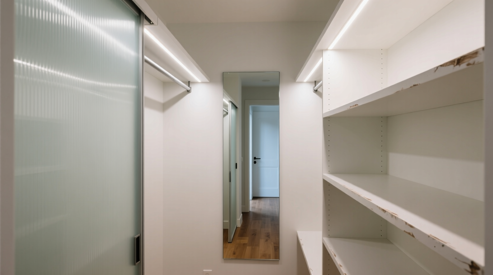 A narrow, shallow closet with frosted acrylic door, white contact-paper-lined shelves, motion-activated LED strips under hanging rod and top shelf, and a slim vertical mirror mounted on the rear wall reflecting hallway light
