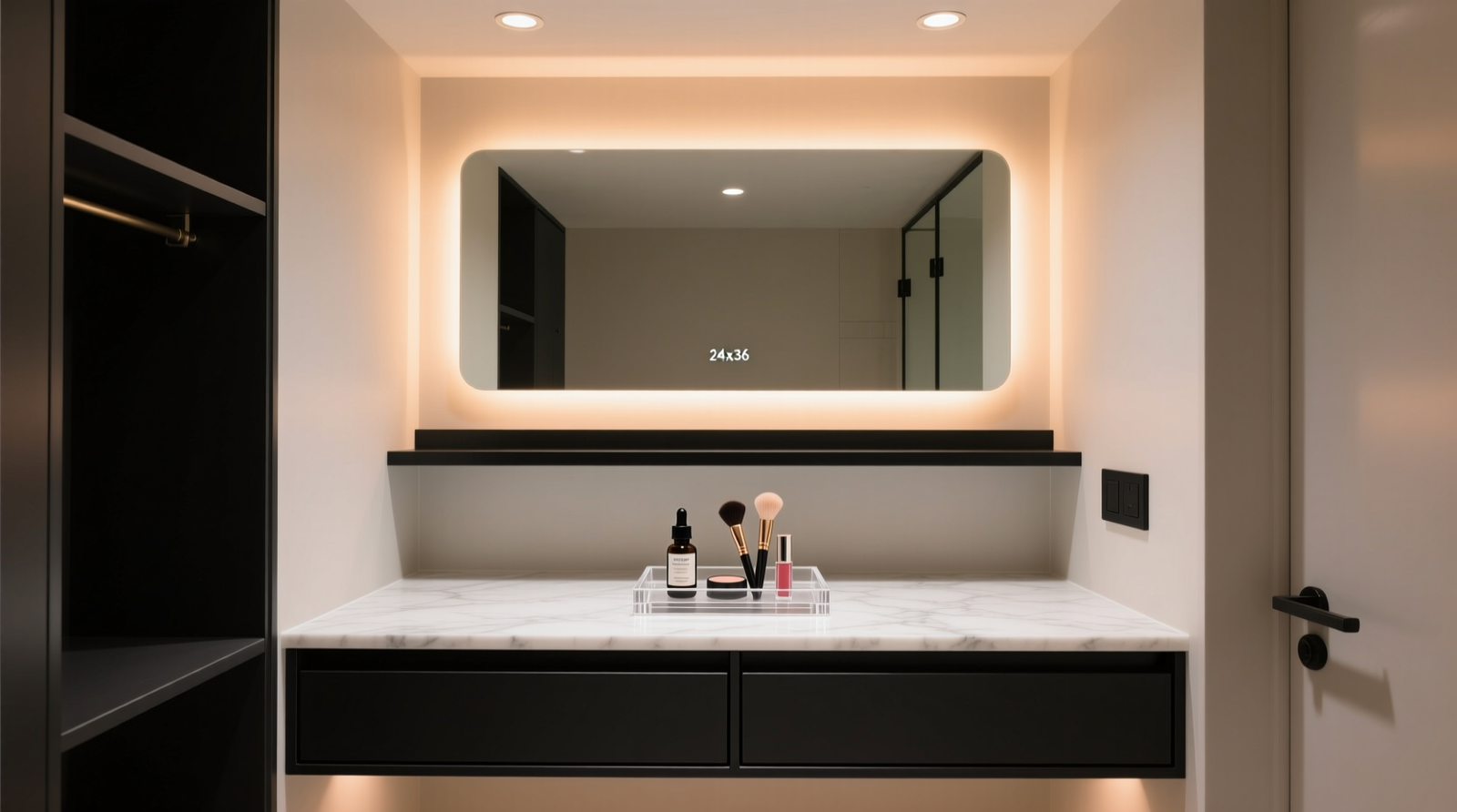 A 20-inch-deep shallow closet transformed into a streamlined beauty vanity: matte black floating shelf, centered 24x36-inch LED mirror with subtle underside lighting, two recessed soft-close drawers, and a single removable acrylic tray holding serum, brush, and lip balm. Warm ambient light reflects evenly across the face.