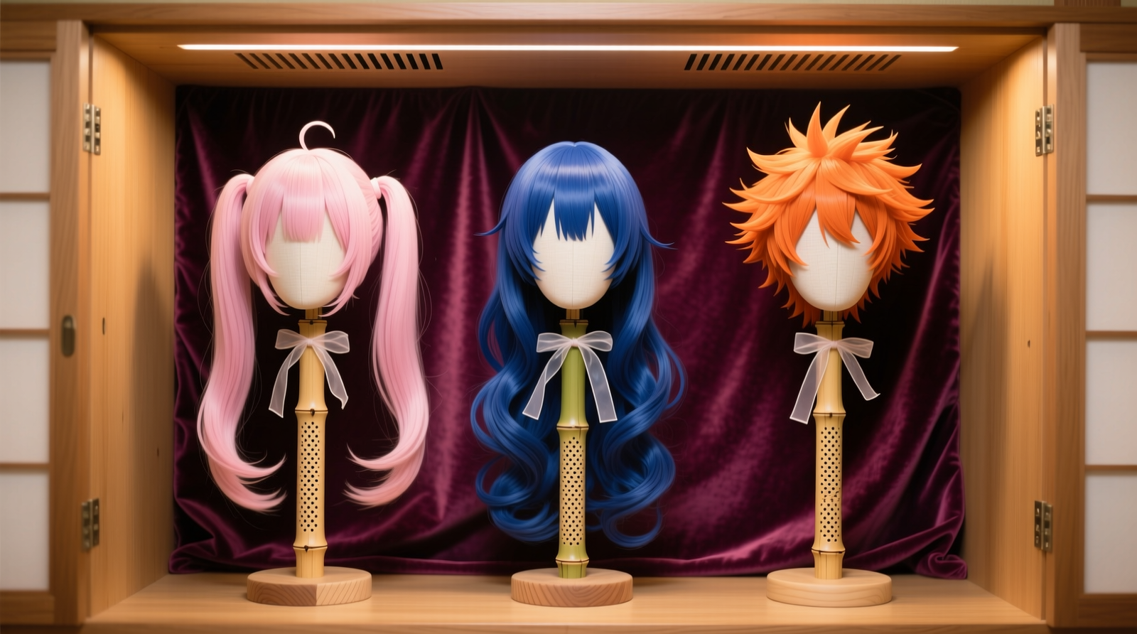 Three adjustable wig stands with different cap sizes, each holding a styled cosplay wig under a translucent polyester-mesh cover; stands placed on open wooden shelving with 2-inch spacing and no wall contact