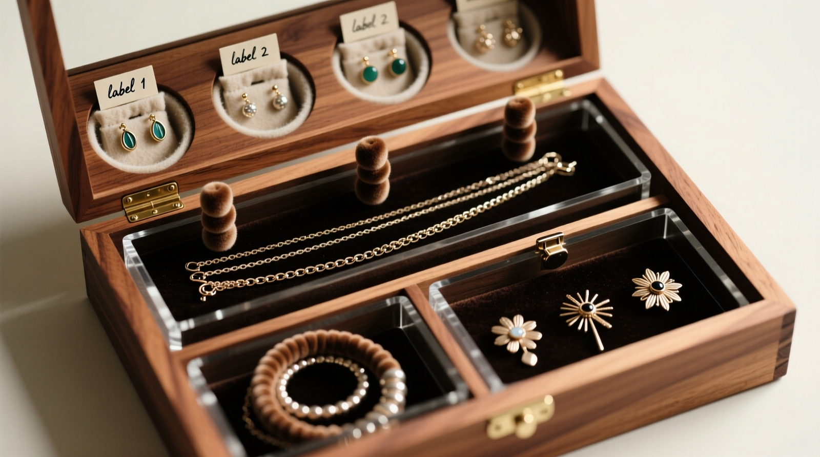 A compact, matte-finish acrylic jewelry box with removable dividers, placed on a marble-topped dresser beside a closed perfume cabinet—no lotions or sprays visible in frame.
