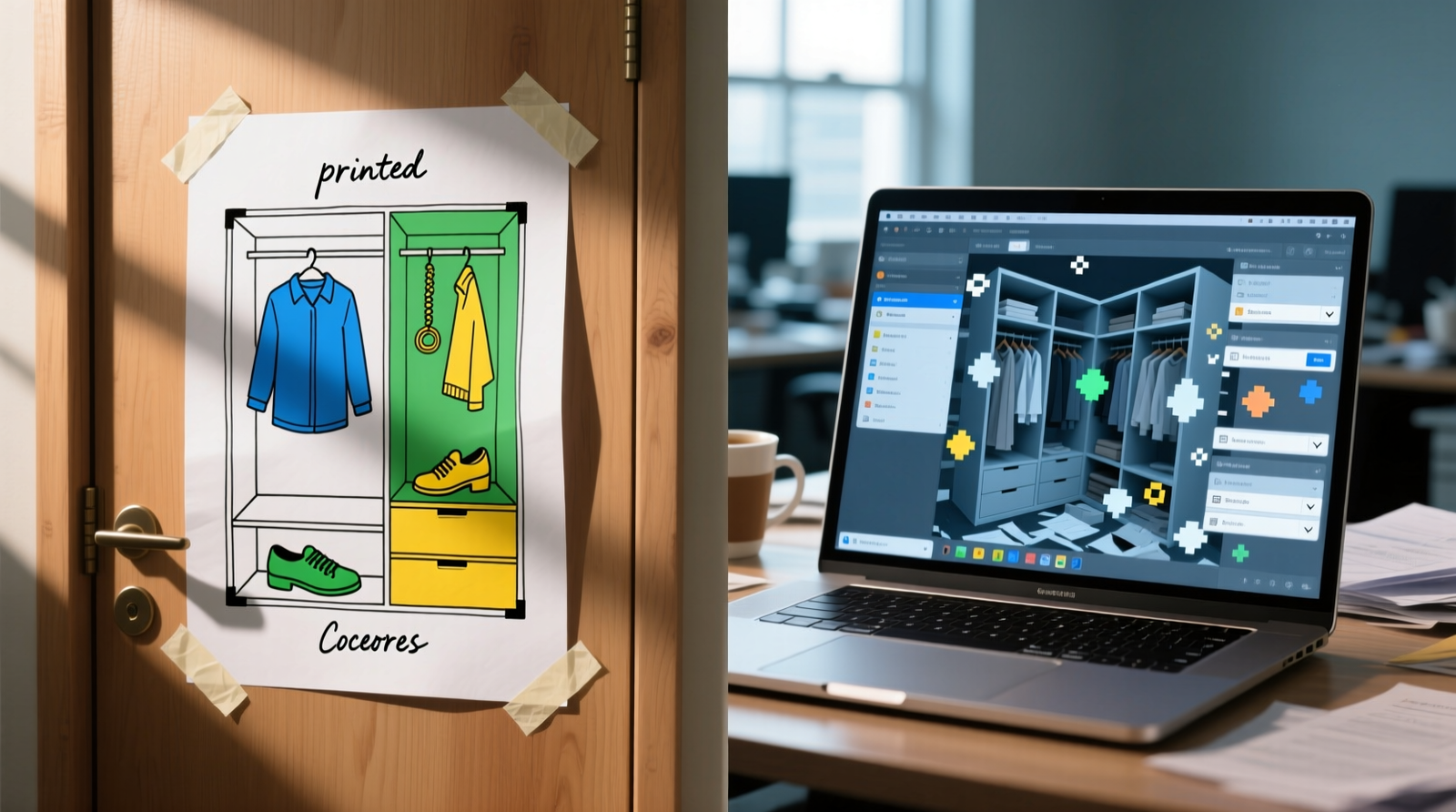 Side-by-side comparison: left shows a clean, hand-drawn printed closet layout with color-coded zones and handwritten labels taped to a closet door; right shows an open laptop screen displaying cluttered 3D closet software interface with overlapping menus and unselected options