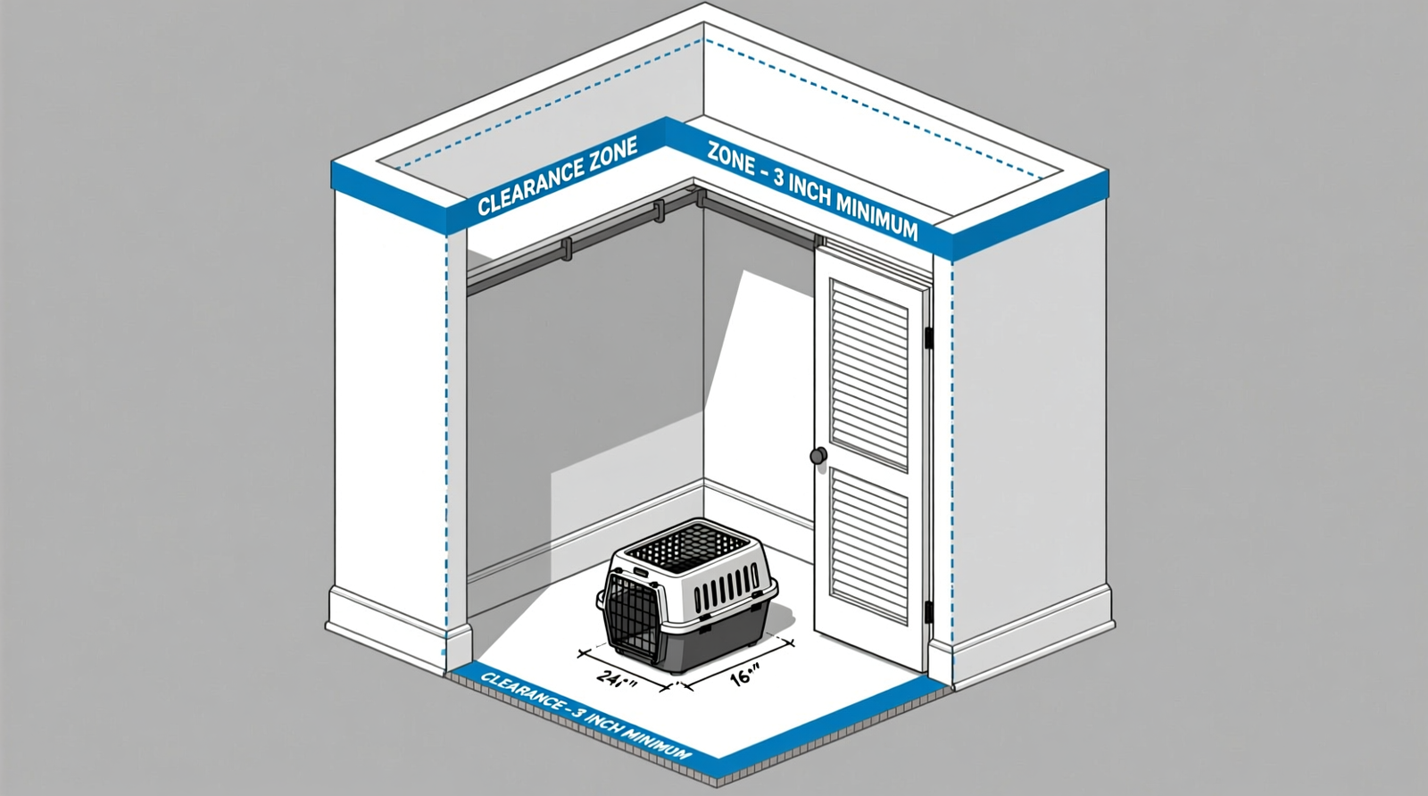 Side-view diagram of a standard reach-in closet showing a low-profile pet crate centered on the floor, with clear 3-inch gaps on all sides, a louvered door fully open, and a labeled clearance zone marked in blue tape along the perimeter