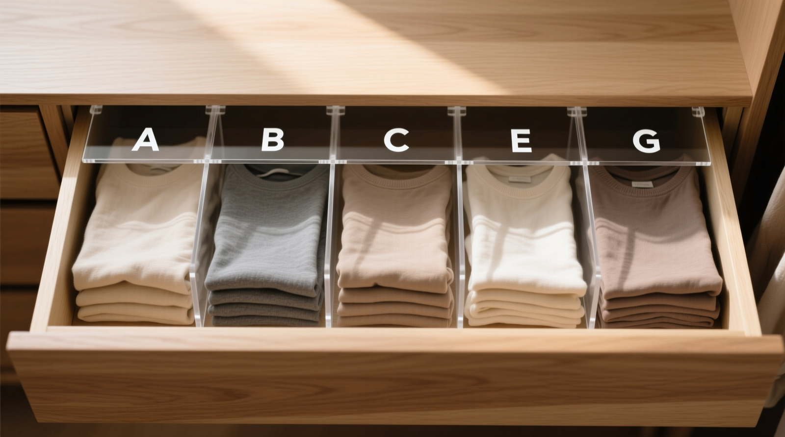 Top-down view of a shallow oak drawer containing seven vertical stacks of folded clothing, each separated by clear foldable acrylic dividers labeled with minimalist white text; all garments are neutral-toned, uniformly folded to identical height, with no visible hangers or bins