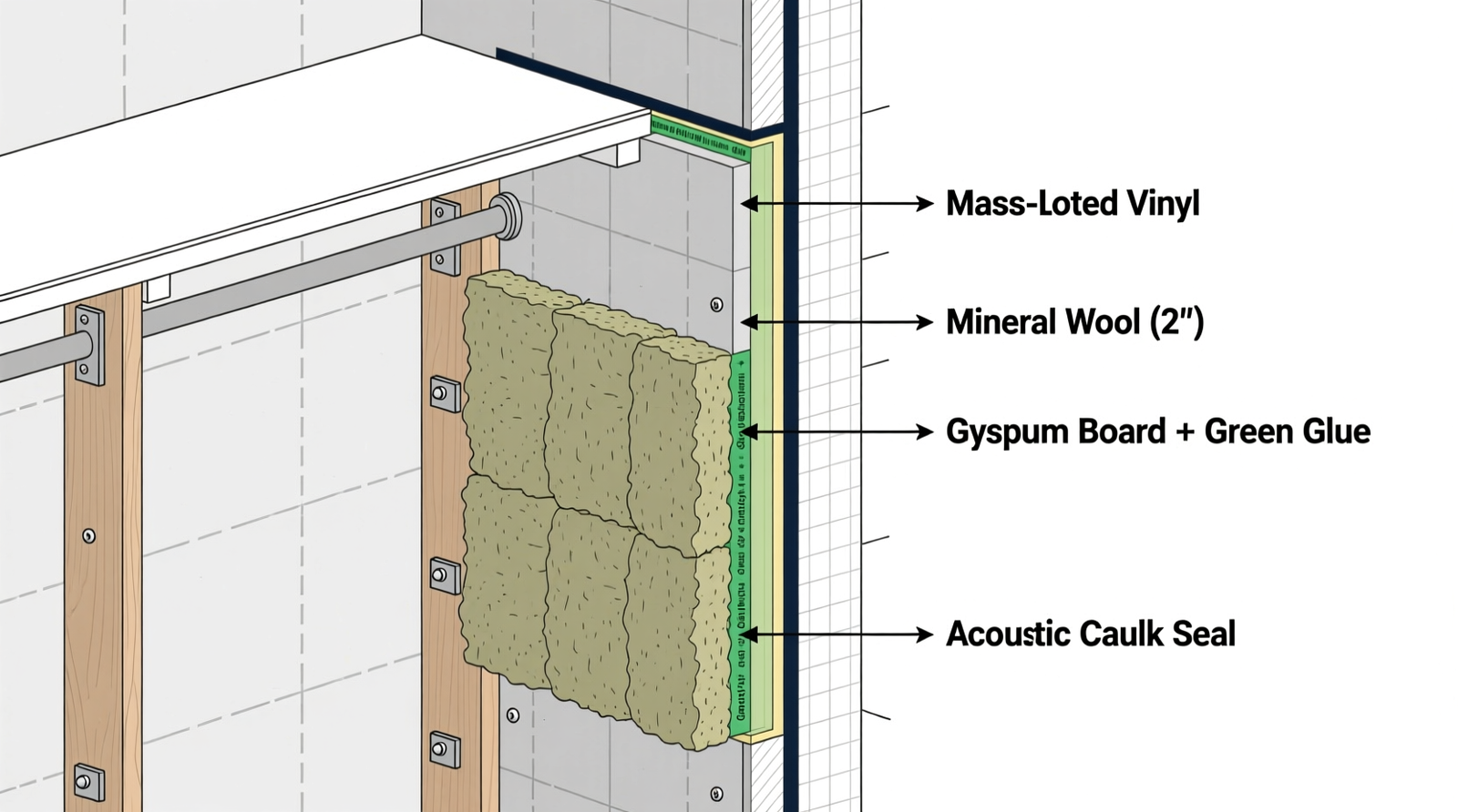 Cross-section diagram showing layered soundproofing: mass-loaded vinyl attached to closet wall studs, followed by 2-inch mineral wool batts, then gypsum board with green glue, all sealed at seams with acoustic caulk