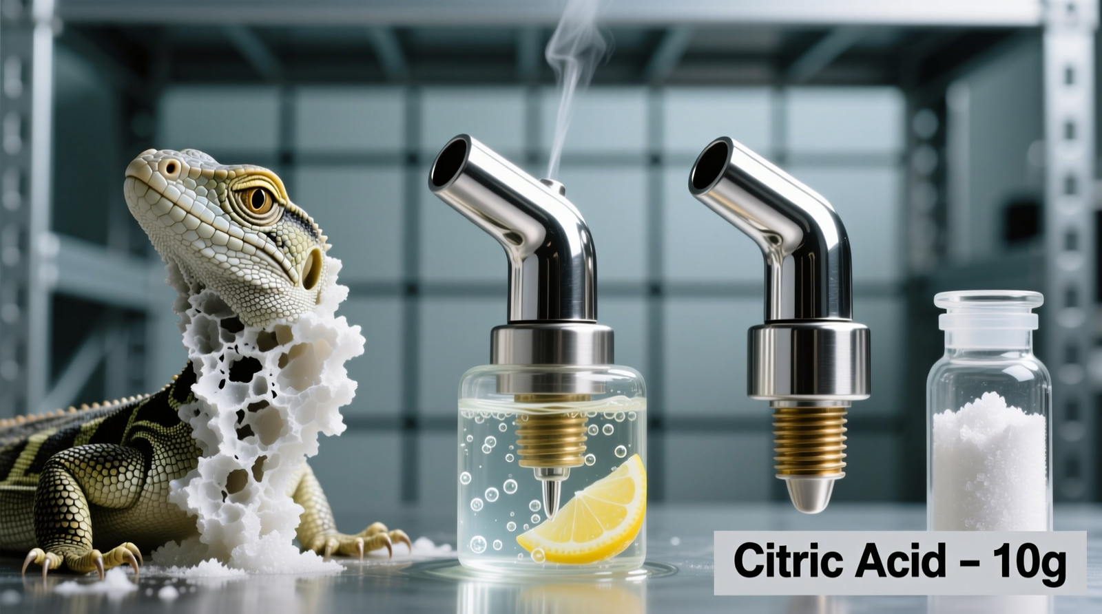 Close-up photo of three identical reptile misting nozzles: one clogged with white mineral crust, one mid-soak in clear citric acid solution, and one clean and gleaming beside a small vial of citric acid crystals