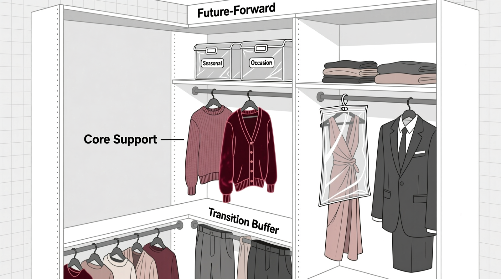 Side-view diagram of a walk-in closet with three clearly marked vertical zones: Core Support (center, eye-level, velvet hangers holding soft knits), Transition Buffer (lower bar, mixed sizes of wrap dresses and stretch trousers), and Future-Forward (top shelf with labeled, vacuum-sealed bins and a pull-down rod with garment bags)