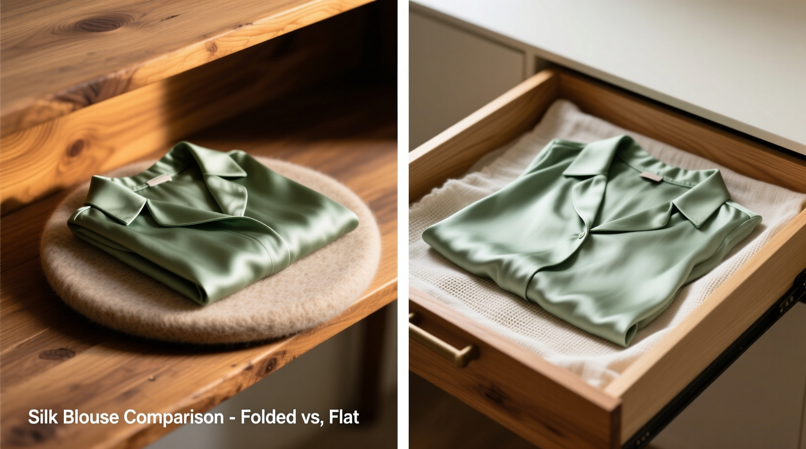 Side-by-side comparison: left shows silk blouse neatly folded on thick wool-blend felt pad atop wooden shelf; right shows same blouse lying flat on smooth, unbleached cotton liner inside shallow cedar-lined drawer
