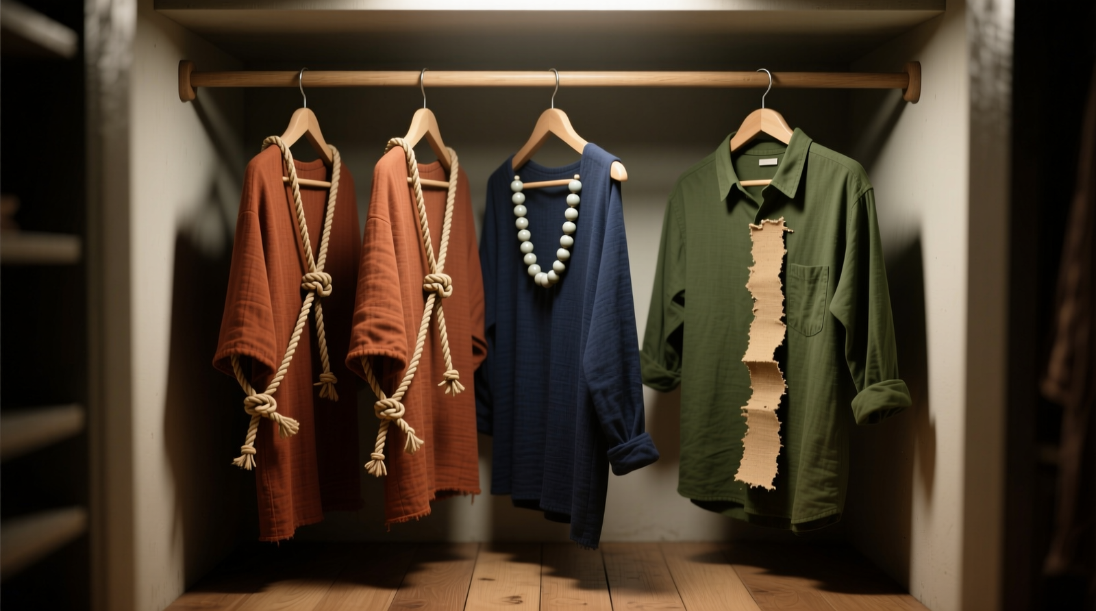 A narrow closet section showing five hanging garments: three in rust-toned fabrics with small woven rope loops tied around their hangers, two in navy with smooth ceramic beads threaded onto the hangers, and a single olive shirt with a thin strip of sandpaper glued vertically along its hanger bar. All hangers face same direction; floor is bare.