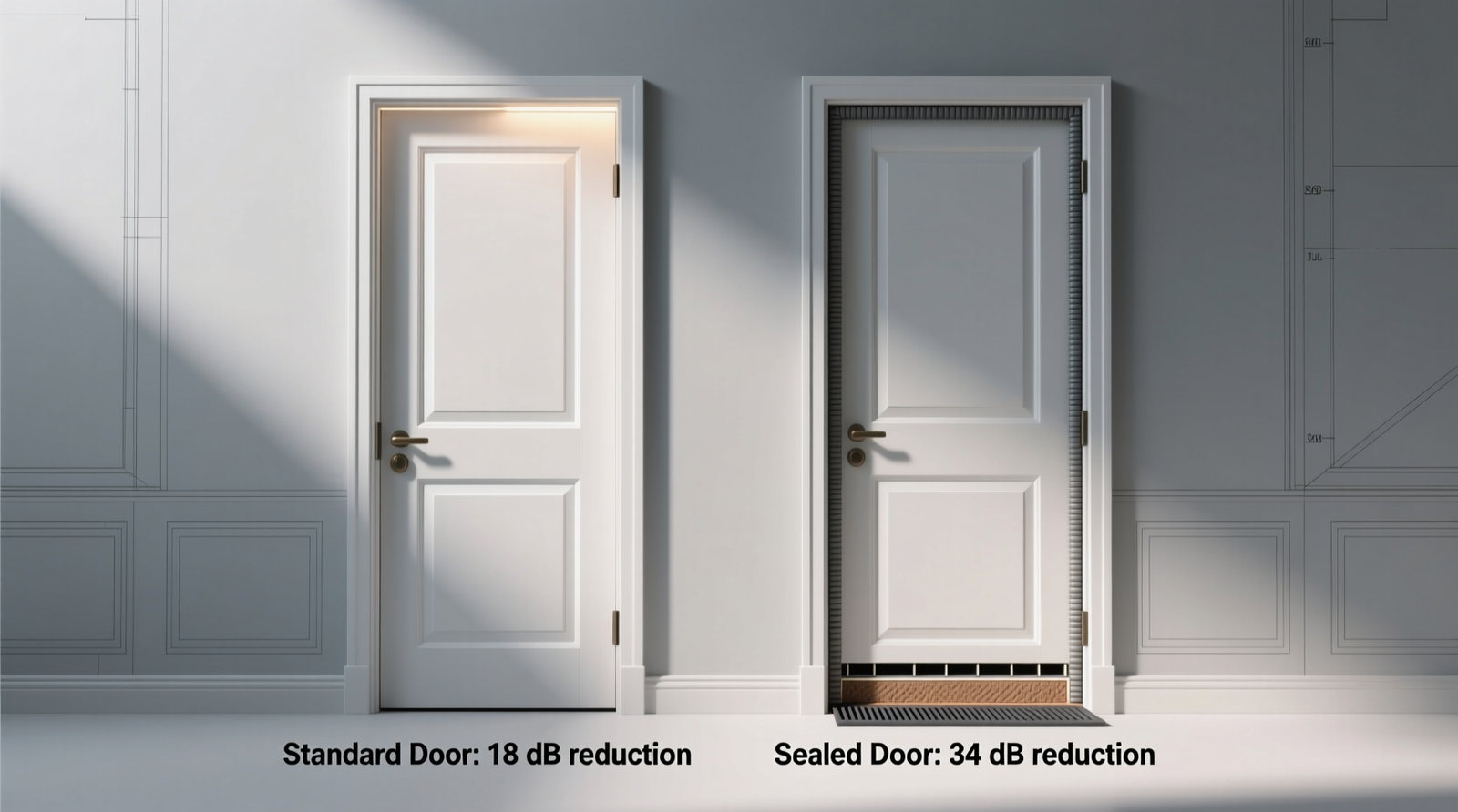 Side-by-side diagram showing a standard closet door with visible gaps at top and sides, next to the same door sealed with compression weatherstripping and a floor-mounted rubber sweep—both labeled with decibel reduction metrics