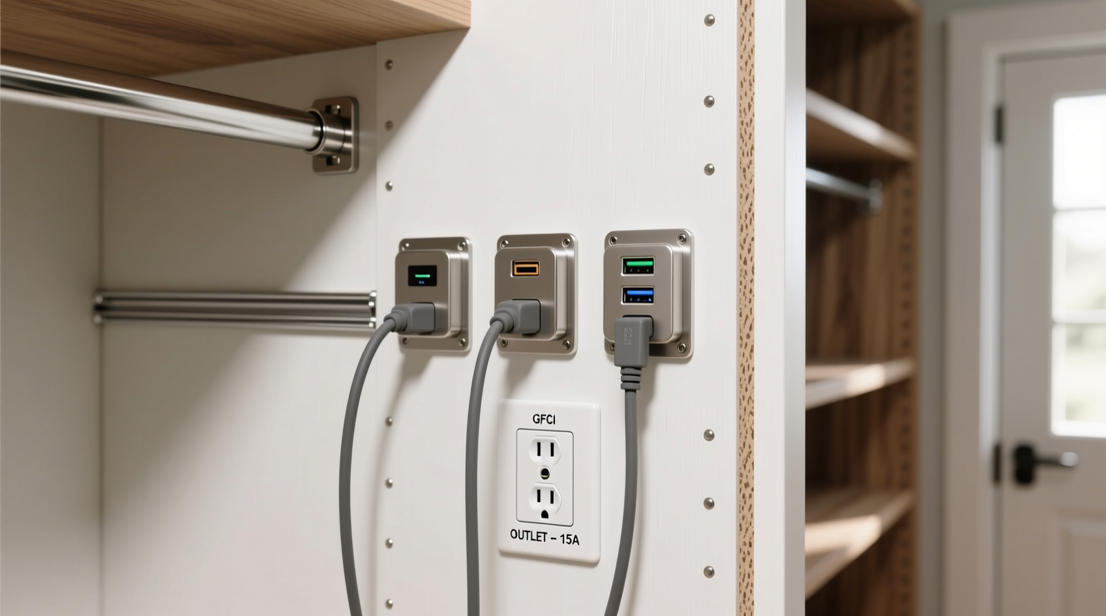 Close-up of a white-painted MDF wall panel mounted inside a walk-in closet, featuring three UL-listed charging docks secured with stainless steel brackets, silicone-sheathed cords routed through integrated aluminum raceways, and a labeled GFCI outlet centered beneath