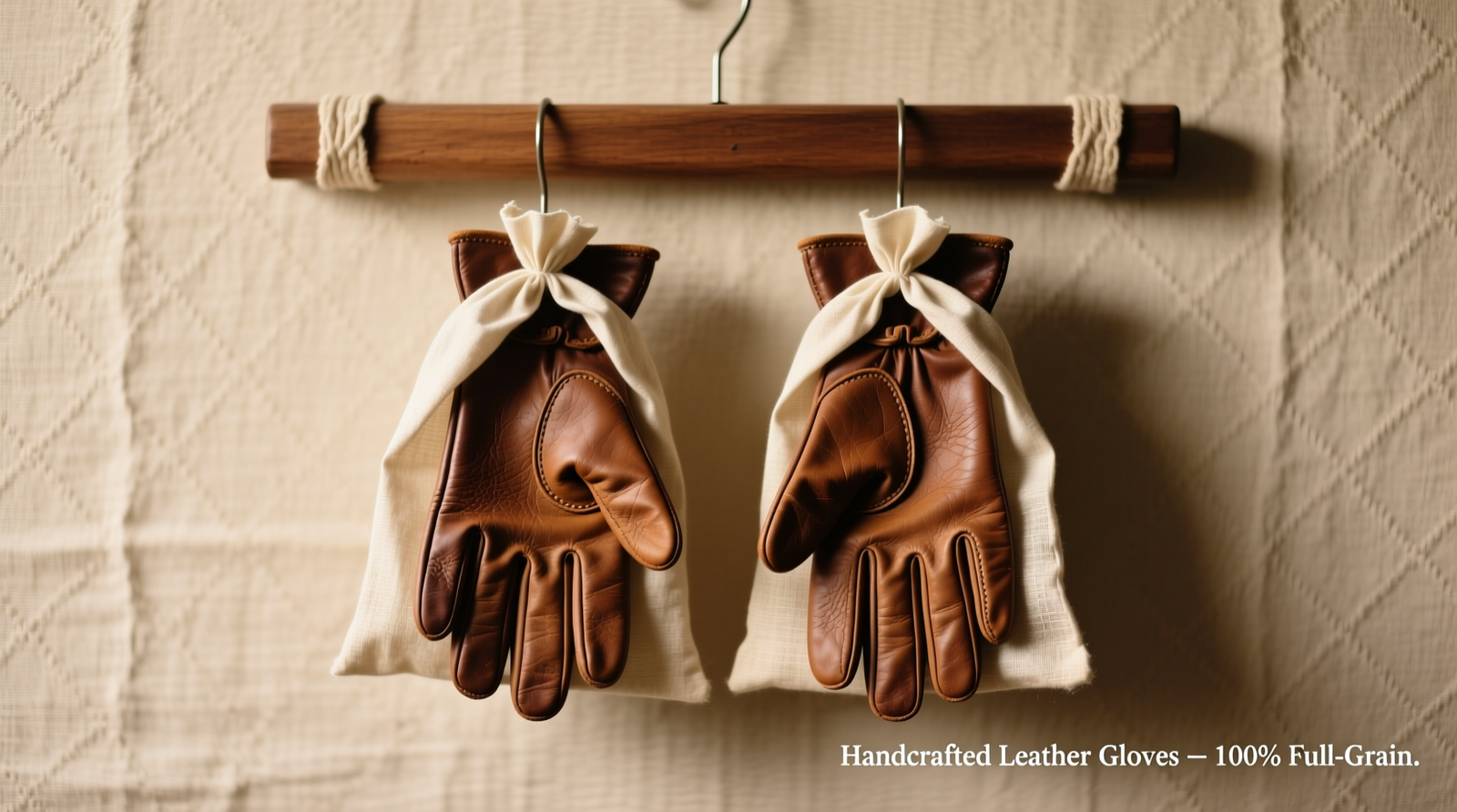 Two leather gloves standing upright in individual cotton bags suspended from a padded wooden hanger, with subtle tissue shaping visible at fingertips and palms