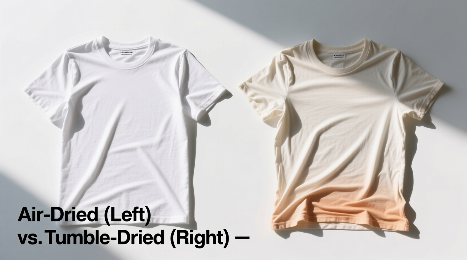 Side-by-side comparison: a cotton tee air-dried flat showing smooth shoulder line and true length, next to one tumble-dried showing stretched shoulders and shortened hem