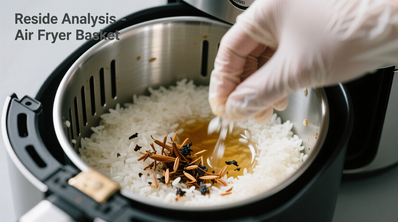 Close-up photo of hands shaking an air fryer basket filled with toasted rice grains and coarse sea salt, showing visible oil residue lifting from the mesh surface