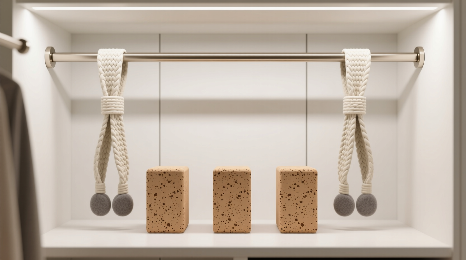 A minimalist closet interior showing three cork yoga blocks standing upright between a brushed-nickel tension rod and the rear wall, with two woven cotton straps draped symmetrically over the rod ends; felt pads visible on each rod tip, no scuff marks on floor or wall