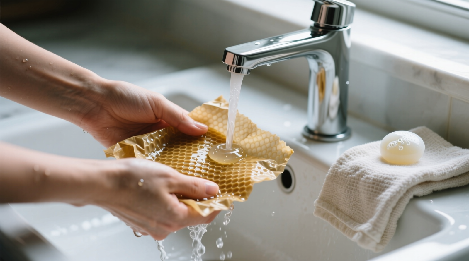 Close-up of hands rinsing a crinkled beeswax wrap under a cold faucet, using a soft cotton cloth with a single lathered drop of soap—no suds visible, no steam, no towel contact yet