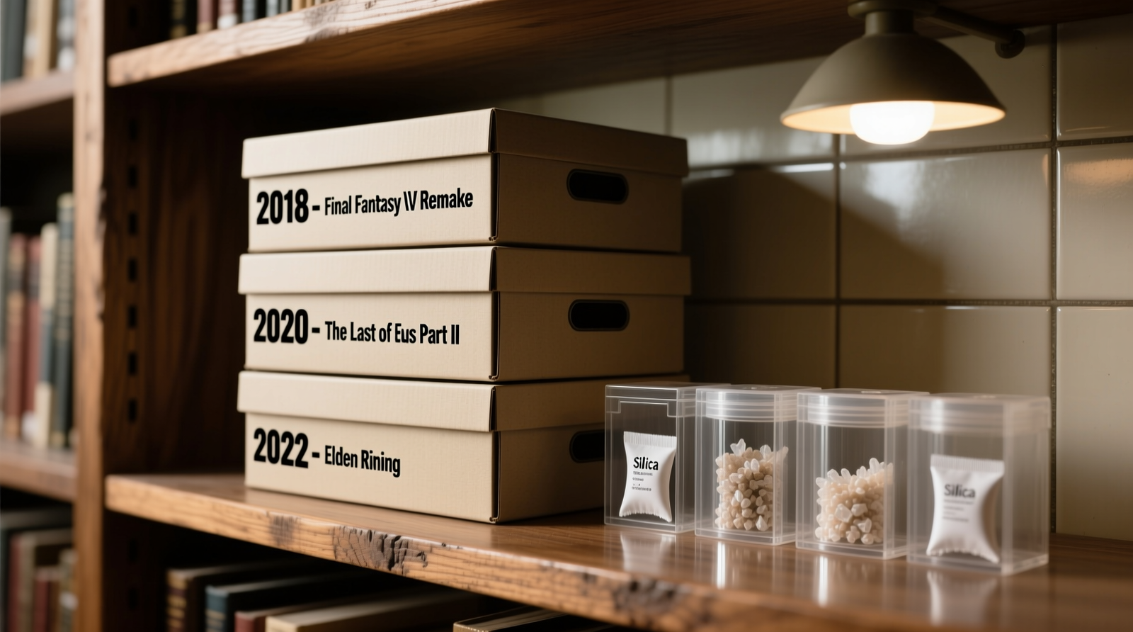 Three acid-free archival boxes stacked vertically on a wooden shelf, each labeled with year and game title; silica gel canisters visible beside them, ambient lighting soft and shadow-free
