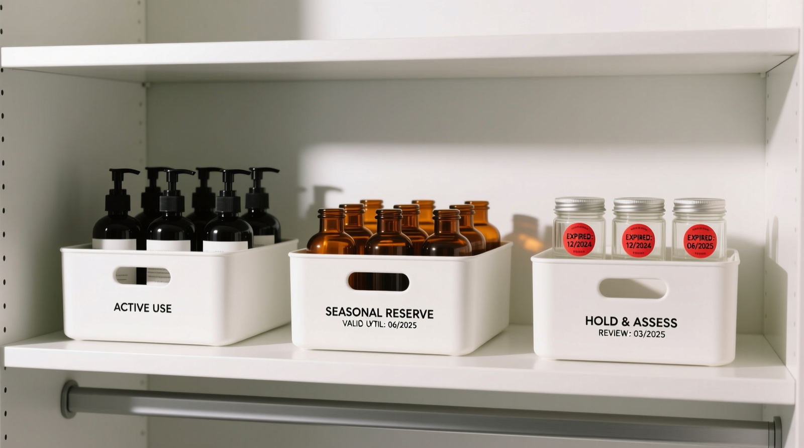 A minimalist closet shelf with three identical, matte-white stackable bins: left bin labeled 'ACTIVE USE' containing 5 upright bottles with pumps facing forward; center bin 'SEASONAL RESERVE' holding 8 amber glass bottles neatly stacked; right bin 'HOLD & ASSESS' displaying 3 small jars with visible expiration stickers on front-facing labels. All bins sit on clean white shelving with subtle shadow lines indicating shelf dividers.