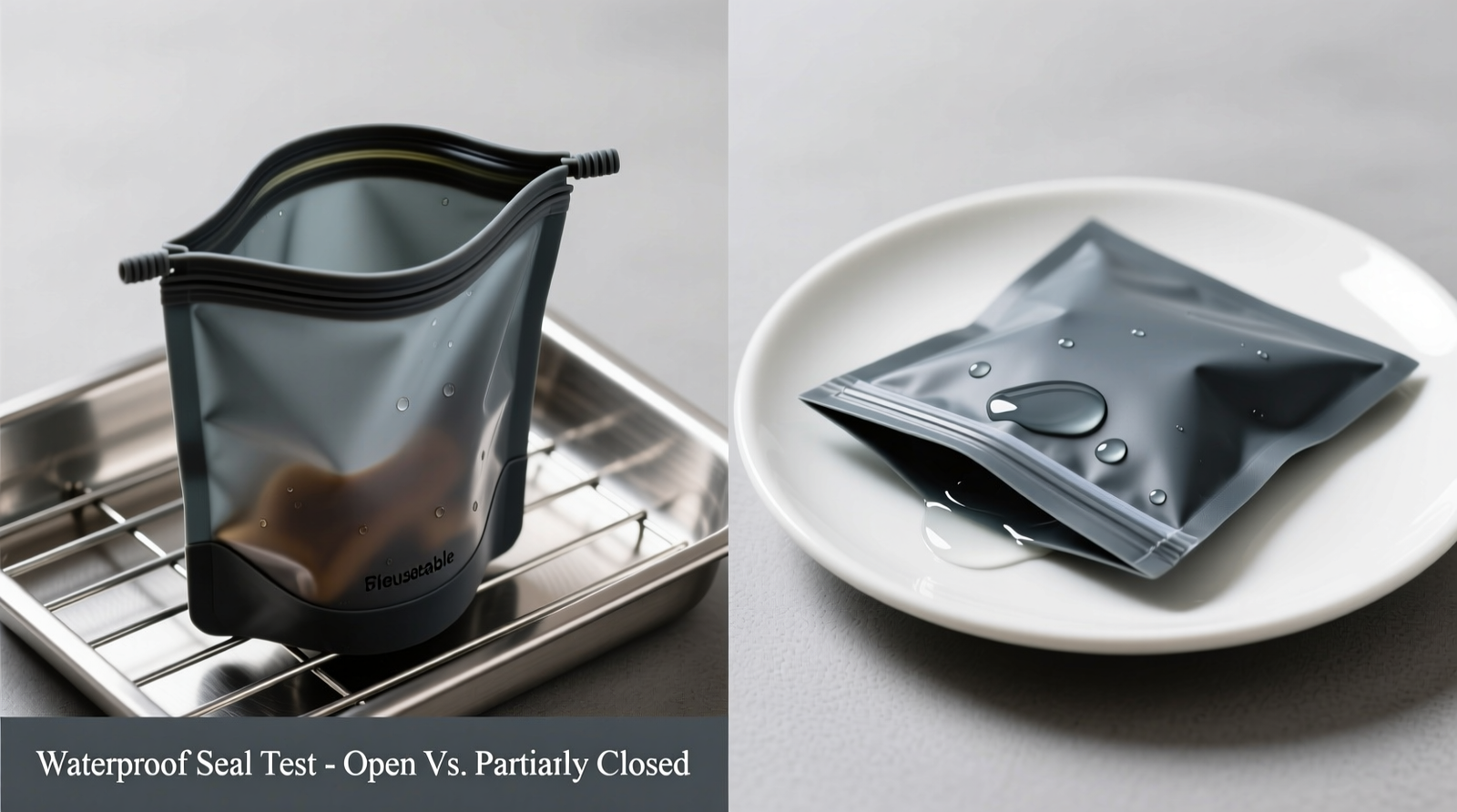 Side-by-side comparison: a reusable silicone snack pouch standing upright on a dish rack with seal fully open (left), versus the same pouch lying flat with seal partially closed, showing pooled water inside the folded seam (right)