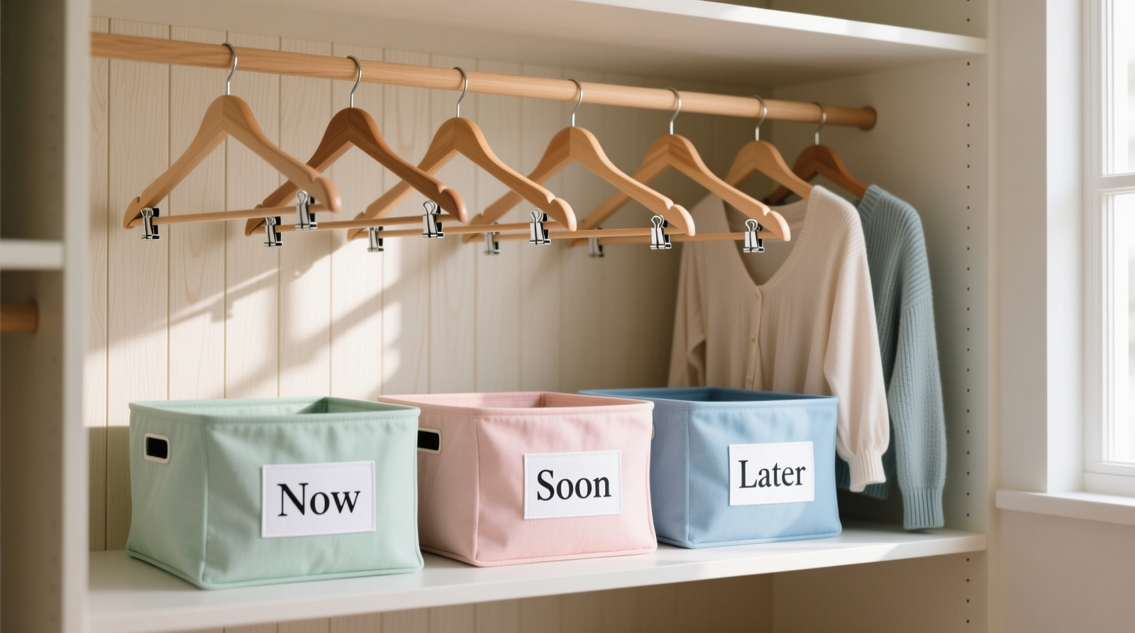 A clean, shallow closet showing three clearly labeled fabric bins on lower shelf (Now, Soon, Later), hangers with backward-facing orientation, and binder-clip groupings of soft tops on standard wooden hangers