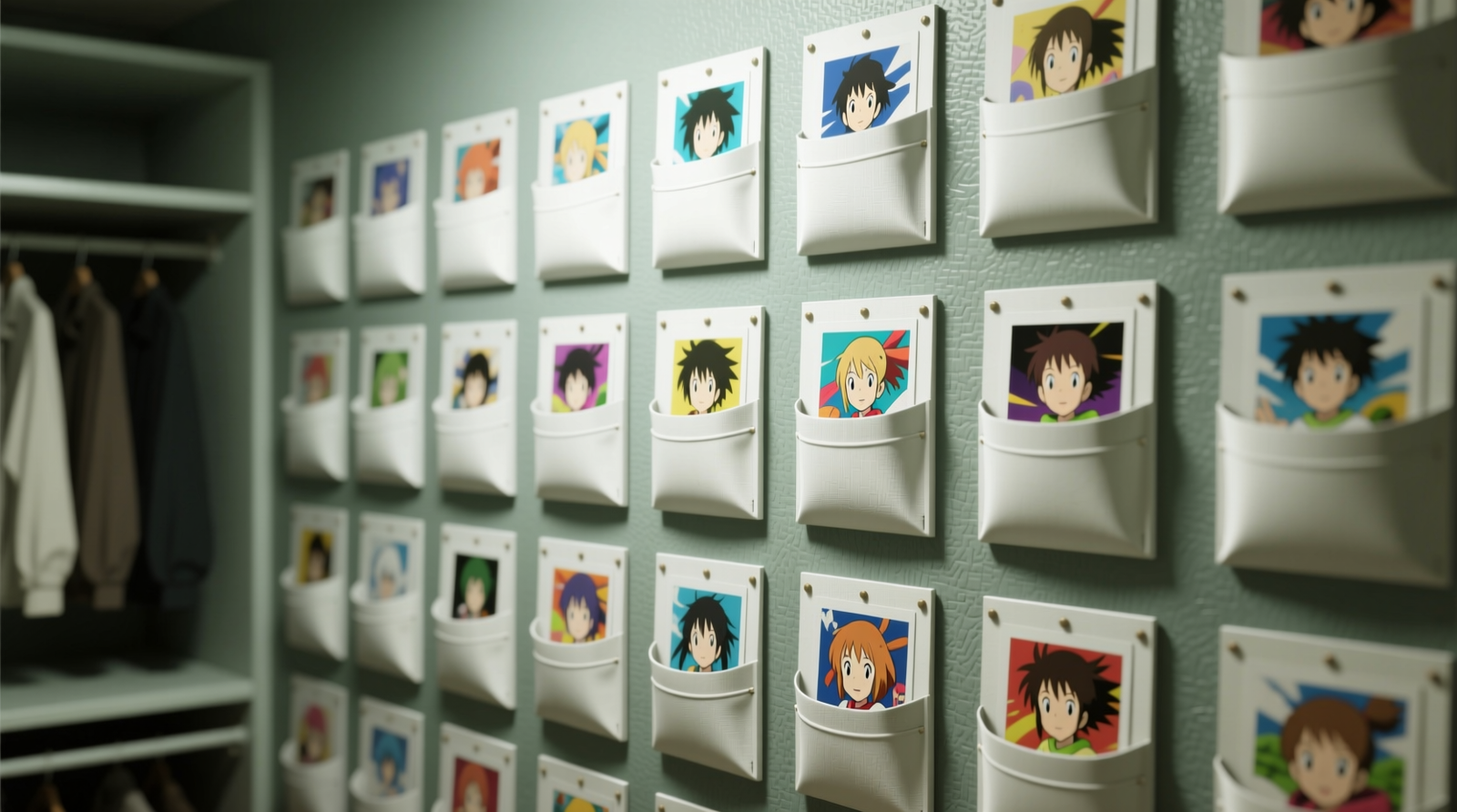 Close-up of an organized closet wall with deep, labeled wall pockets holding anime art prints vertically—each backed with stiff archival board, facing forward, with no overlapping edges or visible curling. Lighting is diffused; no windows directly illuminate the wall.