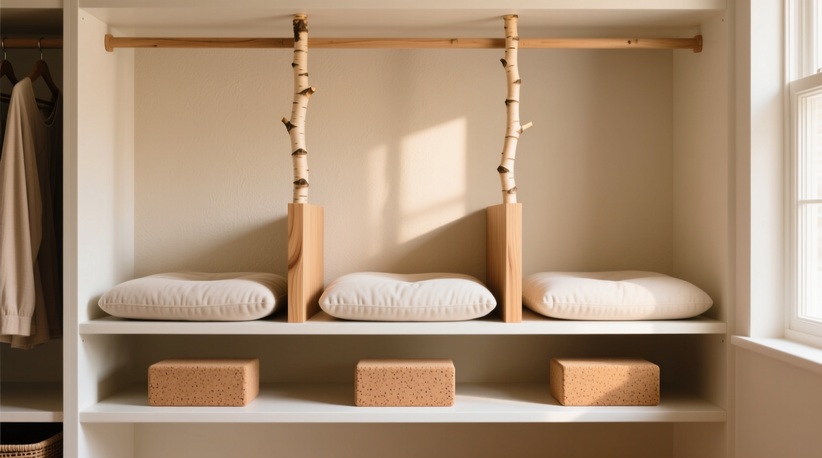 A minimalist closet shelf showing upright meditation cushions separated by thin birch dividers, with three cork yoga blocks arranged horizontally in front, all within clear sightline and easy reach—no garments or bins obstructing view or access.