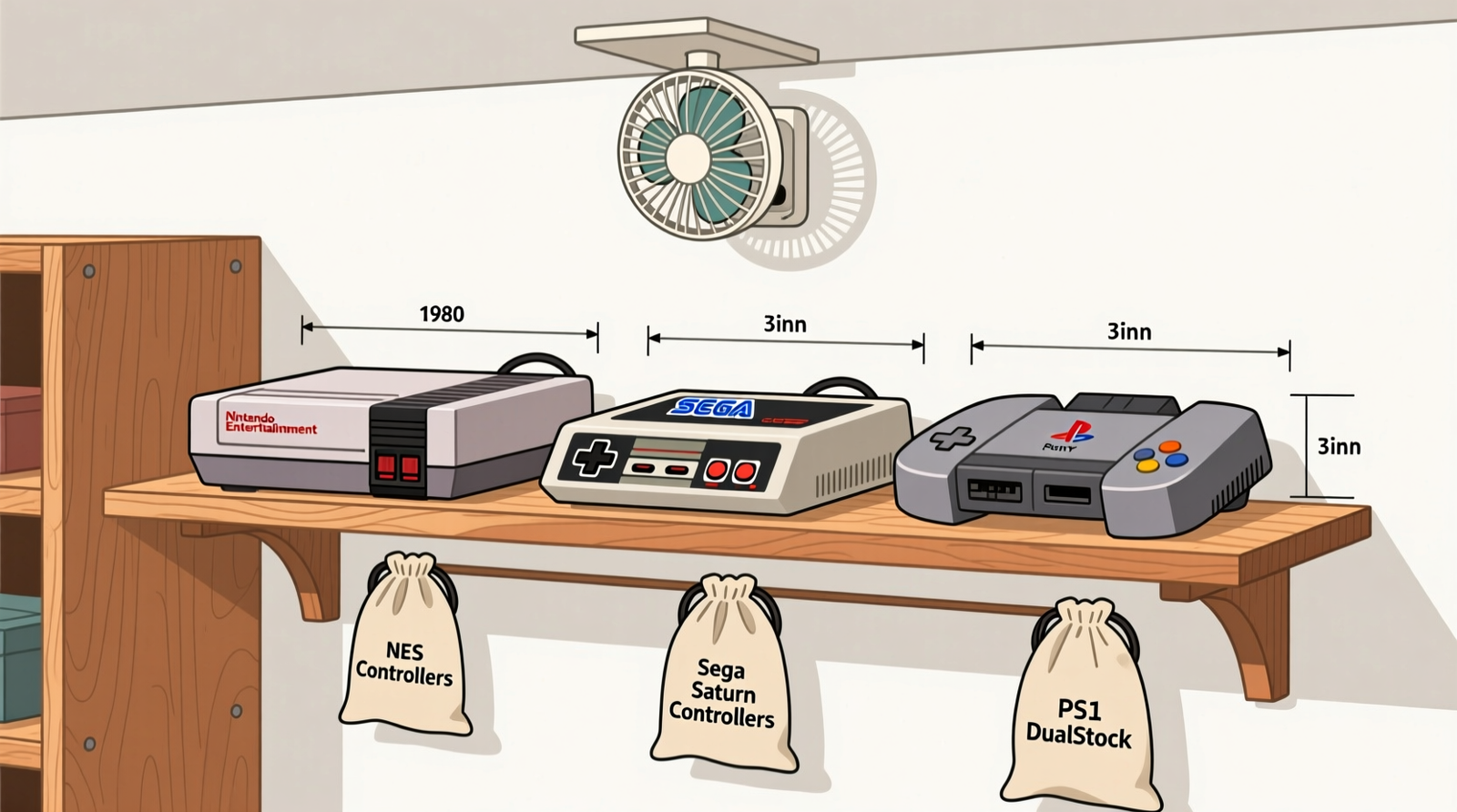 Side-view diagram of an open wooden shelf holding three retro consoles upright with 3-inch gaps between units and rear wall, a small silent fan mounted at ceiling level blowing upward, and labeled cotton bags for controllers beneath each system