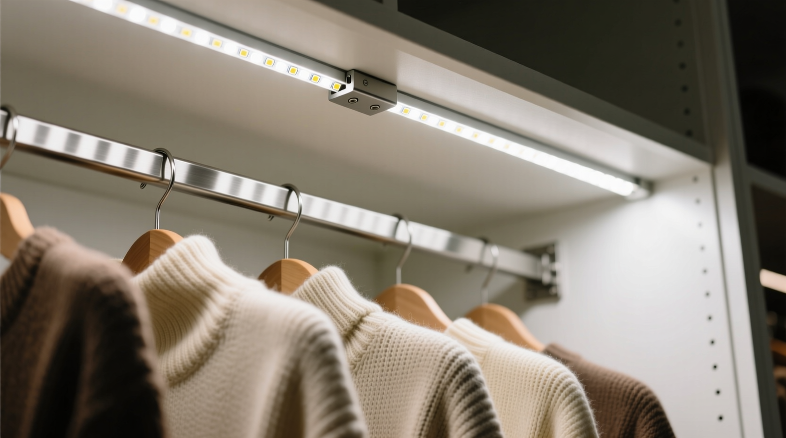 Close-up of adjustable CCT LED strip mounted along the upper interior edge of a walk-in closet rod track, illuminating a row of hanging wool sweaters in natural daylight-equivalent 5000K light, with no visible glare or shadow distortion
