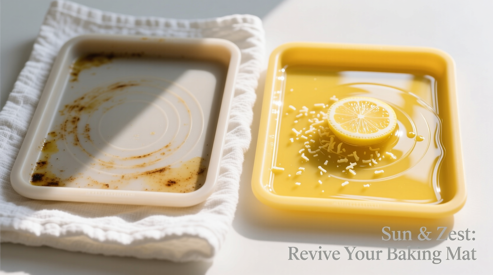 Side-by-side macro photos: left shows a silicone mat with hazy, sticky oil buildup under angled light; right shows the same mat after washing soda soak and vinegar wipe, displaying uniform matte sheen and crisp edge definition