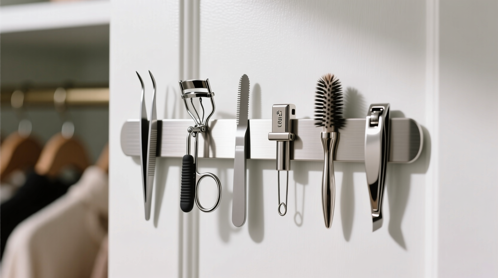 Close-up of a brushed nickel magnetic strip mounted vertically inside a white closet door, holding six stainless steel beauty tools: tweezers, eyelash curler, brow razor, metal bobby pin holder, spoolie brush, and cuticle nippers—all aligned neatly, no overlap, with ¼ inch spacing between items