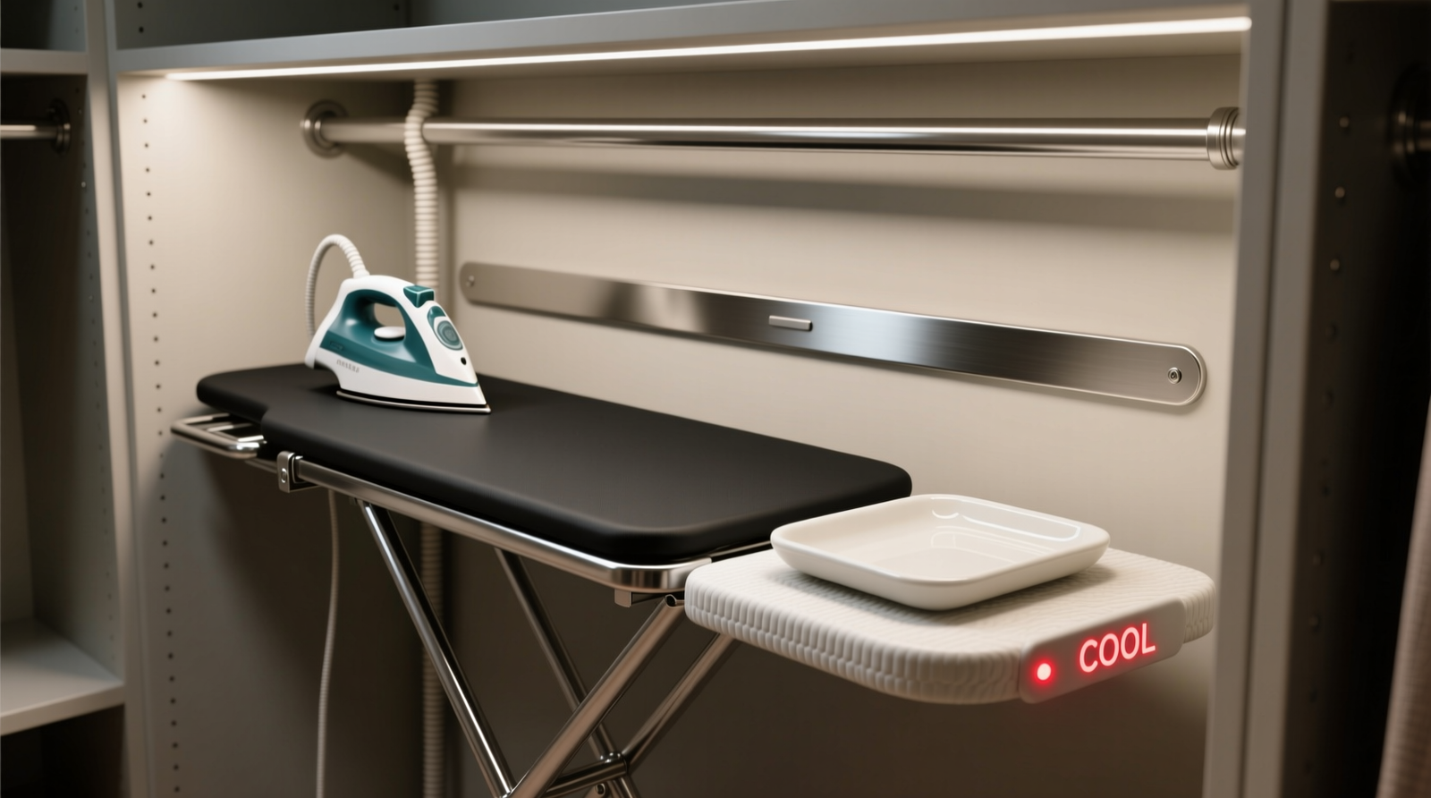 Close-up of a recessed, steel-framed fold-down ironing board mounted inside a custom closet, with ceramic resting tray, concealed conduit, and red LED indicator showing 'cool' status