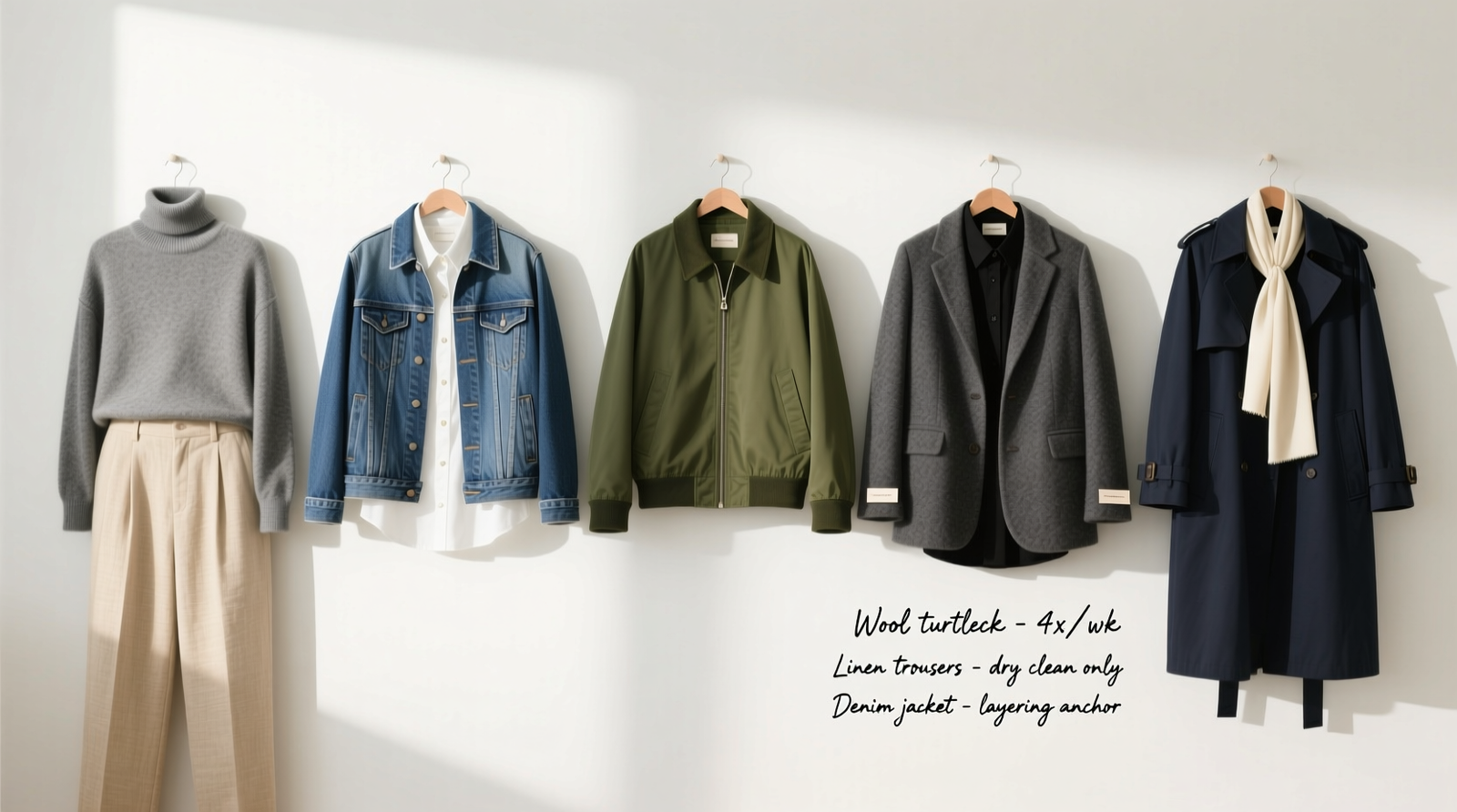 A minimalist closet door with a 4x6-inch printed photo collage taped neatly at eye level: three garments shown together—cream turtleneck, charcoal blazer, navy chino—each labeled with short, practical notes in clean black font