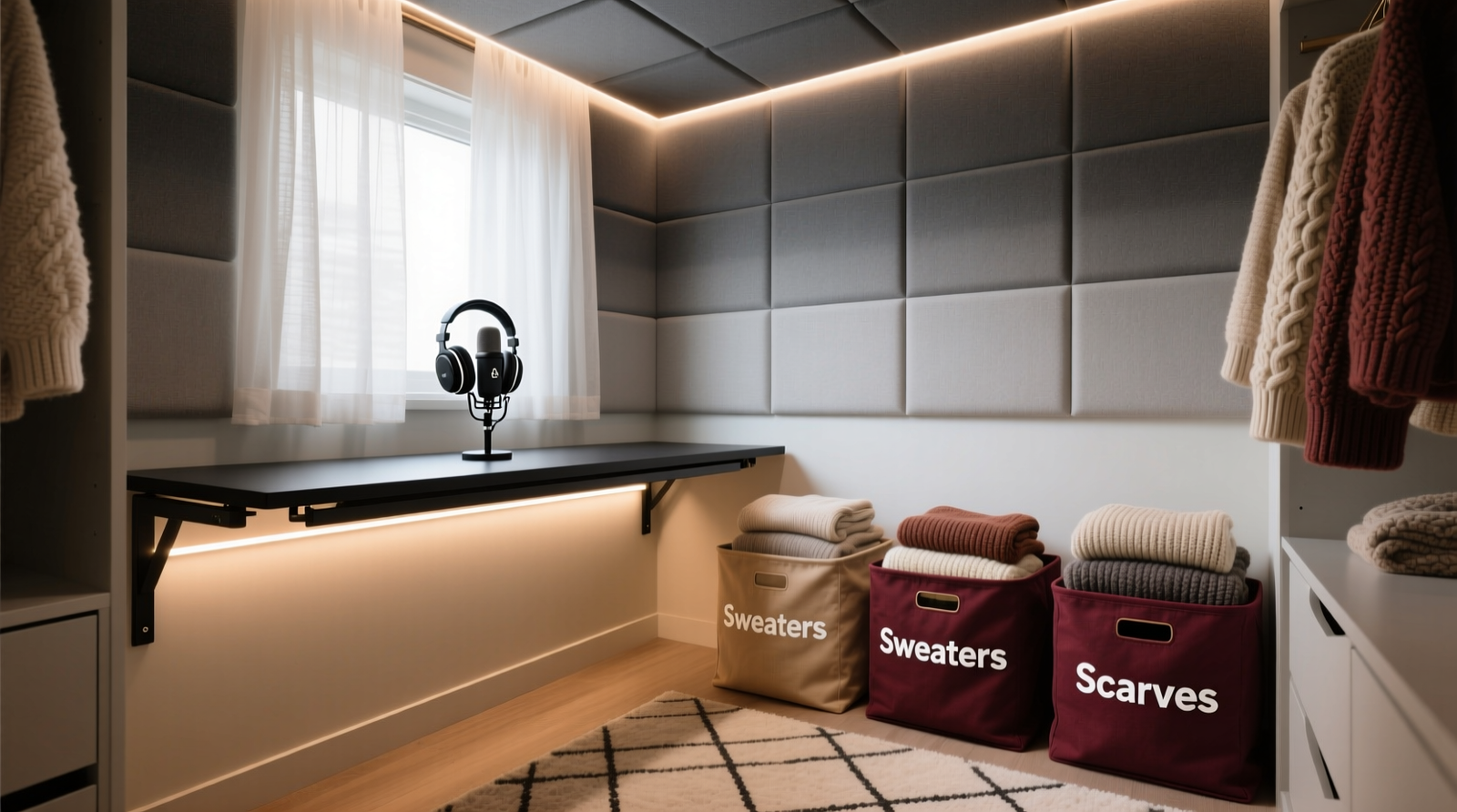 A compact, well-lit podcast nook inside a converted walk-in closet: acoustic panels on walls and ceiling, a fold-down desktop with microphone and headphones, neatly stacked fabric bins on the opposite side holding folded sweaters and scarves