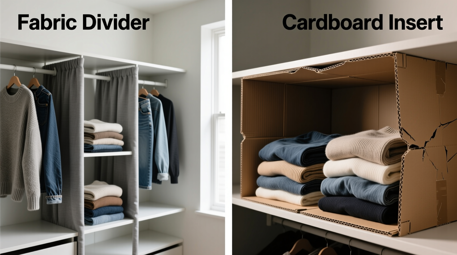 Side-by-side comparison showing a polyester-cotton fabric divider maintaining crisp vertical alignment after repeated garment sliding, next to a warped, seam-split cardboard partition with visible glue separation and corner curling