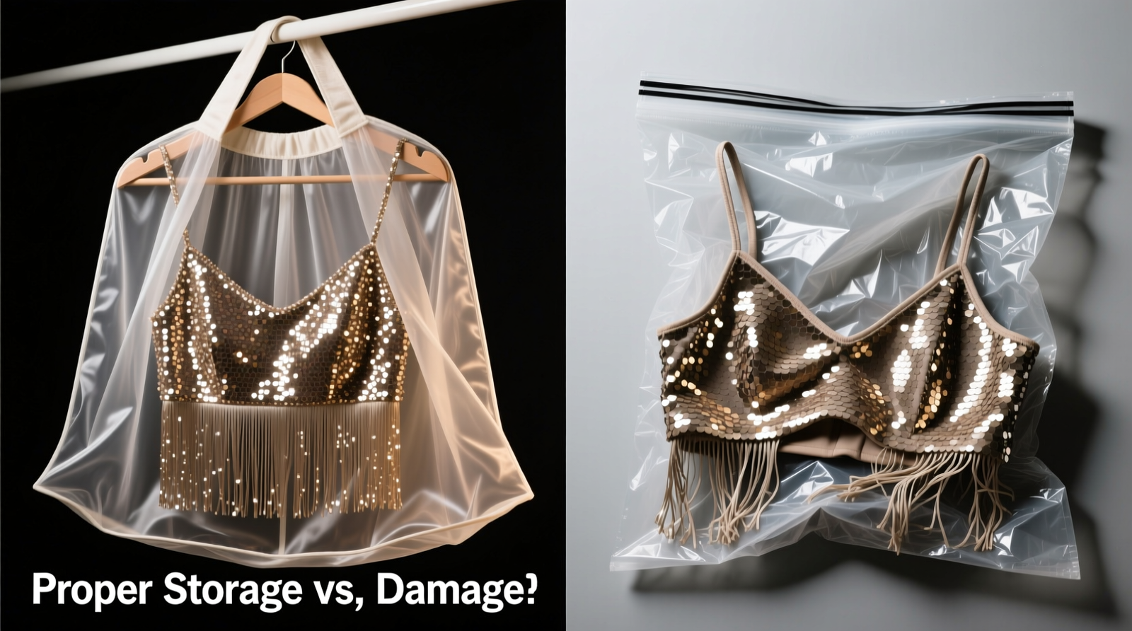 Side-by-side comparison: left shows sequined crop top properly hung on wide cotton-wrapped hanger inside translucent silk-organza garment bag, fringe fully suspended; right shows same top crushed in plastic bag with visible sequin lift and matted fringe