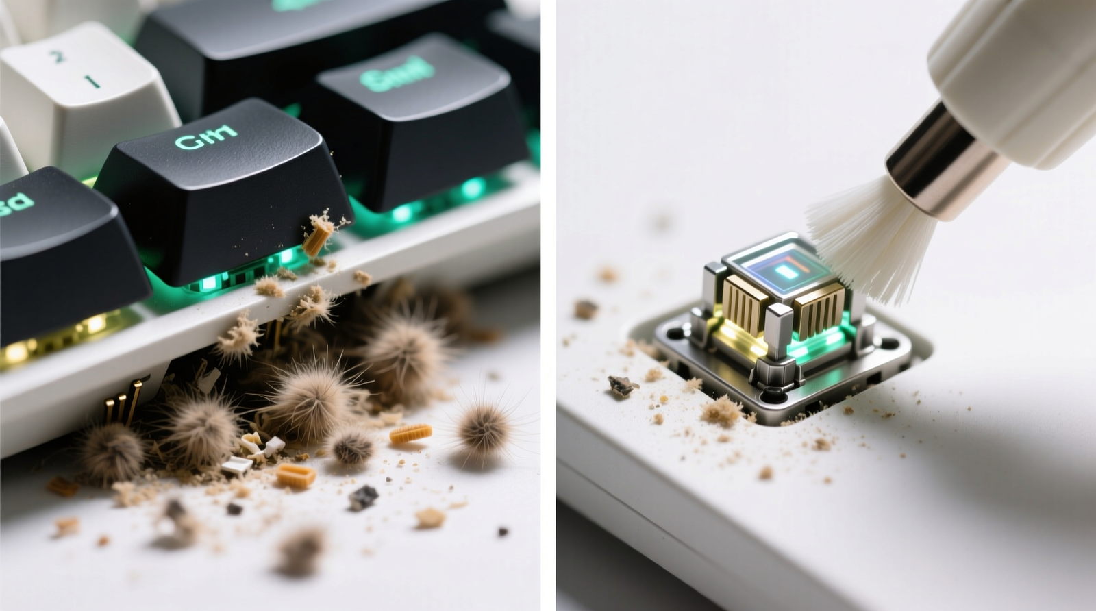 Side-by-side macro photos: left shows dust bunnies lodged beneath a standard keycap on an LED keyboard; right shows same area after gentle bulb blower + anti-static brush treatment, revealing clean switch housing and undisturbed LED diffuser film