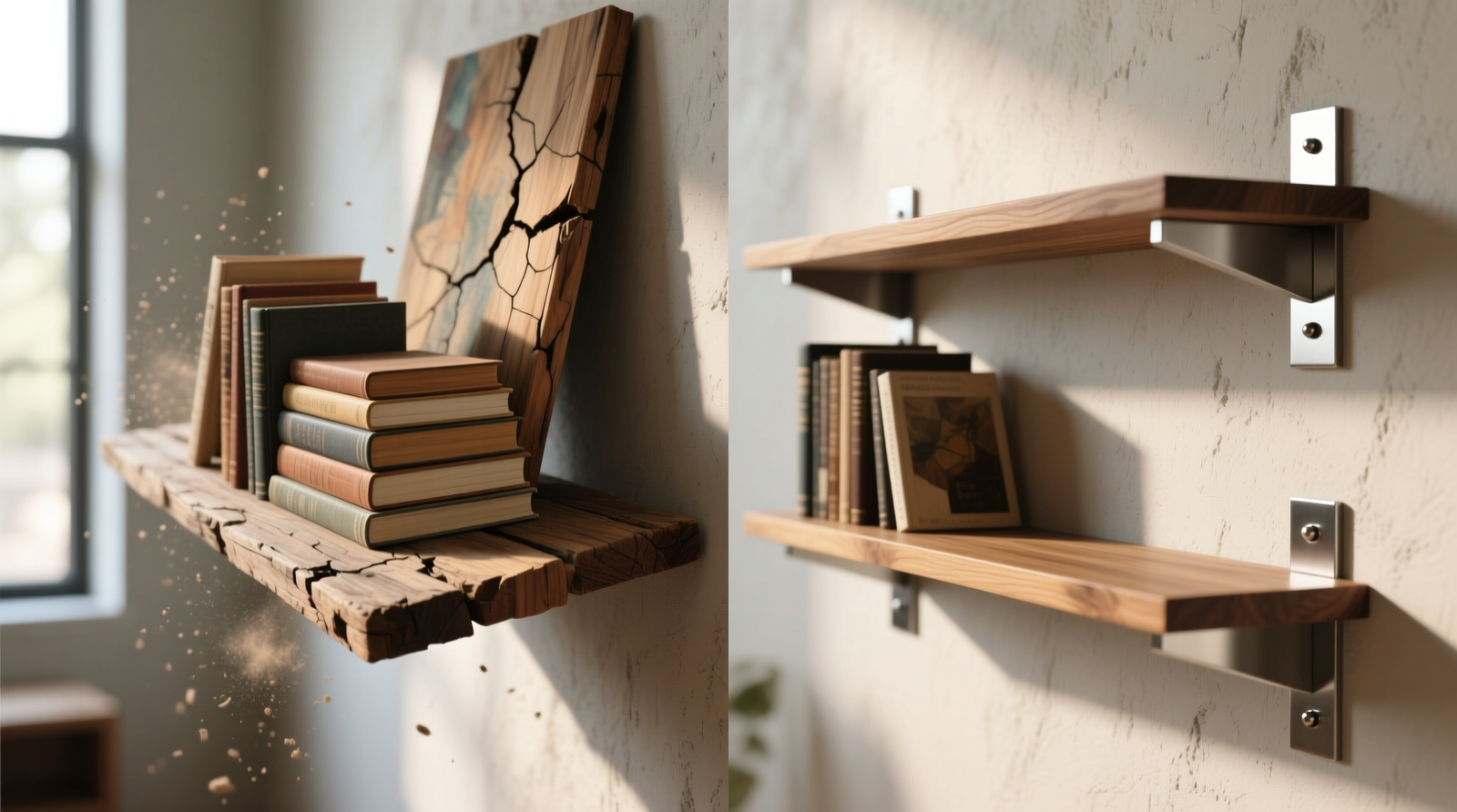 Side-by-side comparison showing a sagging floating wood ledge under stacked art books versus a rigid, level shelf supported by three discreet metal brackets mounted into wall studs
