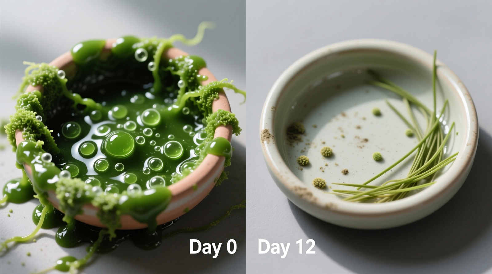 Side-by-side macro photos: left shows a ceramic planter saucer coated with slimy green algae; right shows the same saucer after 12 days of barley straw extract treatment—clean, matte surface with no residue or discoloration