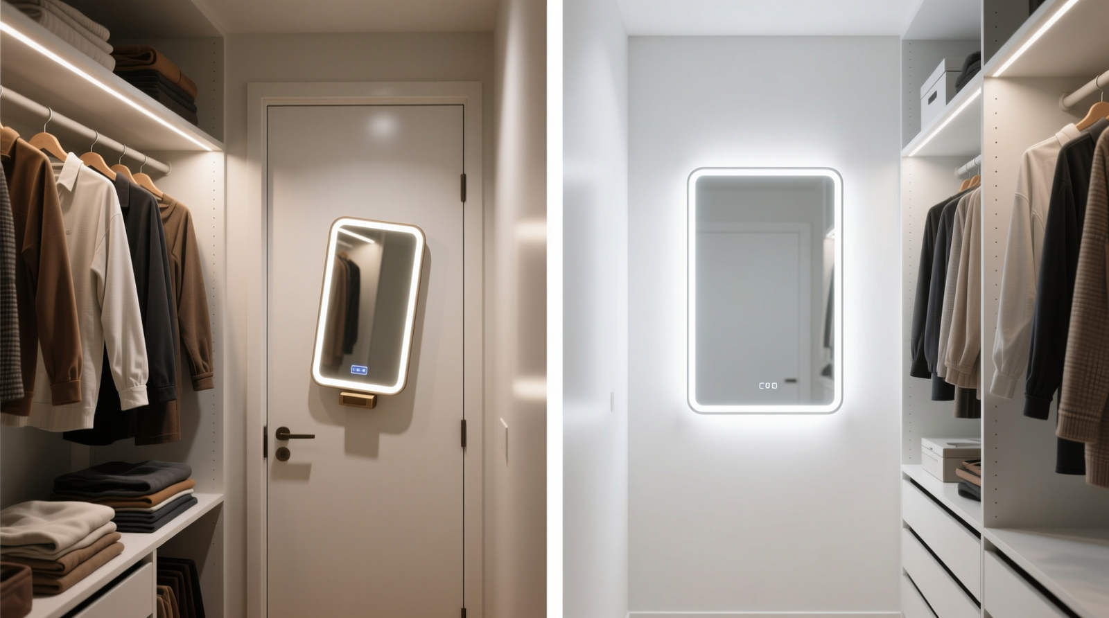 Side-by-side comparison: a cluttered reach-in closet with a small, tilted standalone LED mirror mounted on the door interior versus the same closet with a recessed, frameless built-in LED mirror centered on the back wall—both showing clear garment detail under even, shadow-free illumination