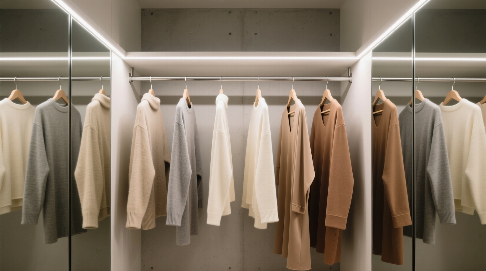 Minimalist mirrored closet door showing exactly 8 hanging garments—neutral tones, uniform hangers, no visible bins or accessories—lighting evenly diffused from integrated LED strip along top edge
