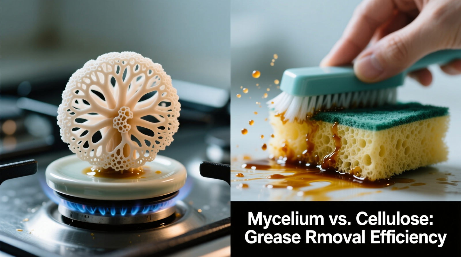 Side-by-side macro photography: mycelium sponge gently rotating on a cooled ceramic stovetop versus aggressive back-and-forth motion with a cellulose sponge, showing visible grease lift vs. smearing