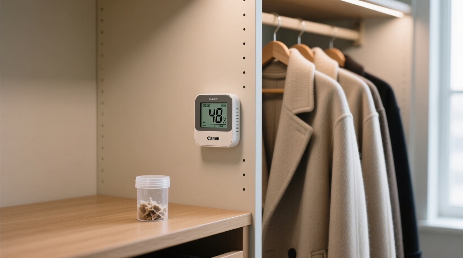 Side-by-side comparison showing a calibrated digital hygrometer mounted discreetly on a closet's rear wall beside a row of hanging wool coats, with a small silica gel canister on the shelf below—no visible moisture, no clutter, clean airflow gap behind garments