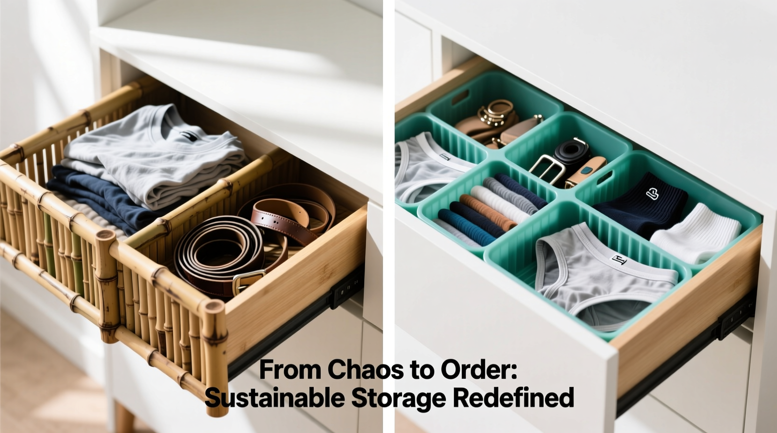 Side-by-side comparison of drawer interiors: left shows sagging bamboo dividers with scattered t-shirts and tangled belts; right shows rigid, interlocked ocean-plastic dividers holding categorized stacks of underwear, socks, and accessories with crisp vertical alignment and zero lateral movement
