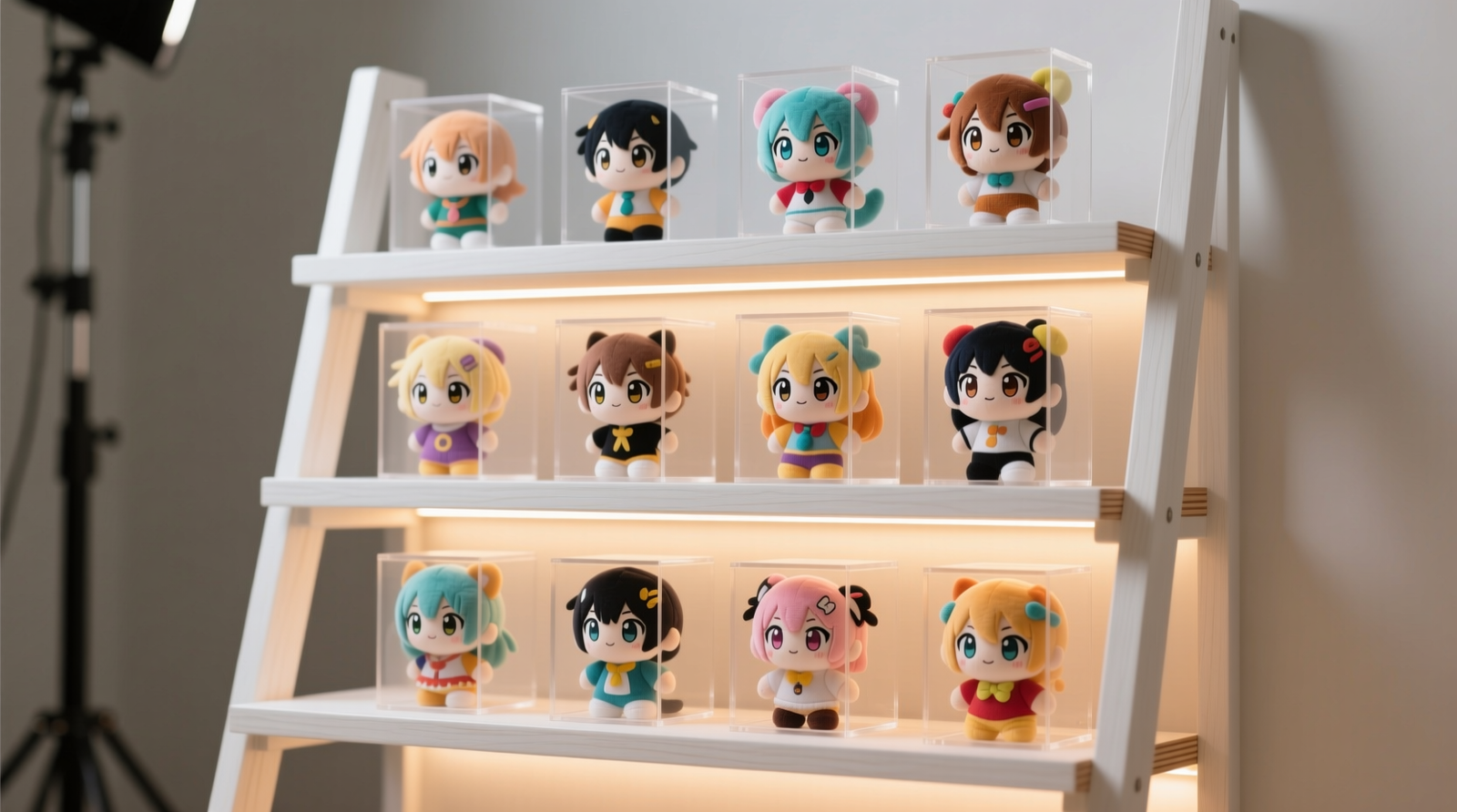 Side-view diagram showing an anime plush positioned upright with its back gently resting against a 3-inch-tall custom wooden riser mounted flush to the rear edge of a closet shelf; clear spacing between plushies and no forward lean visible