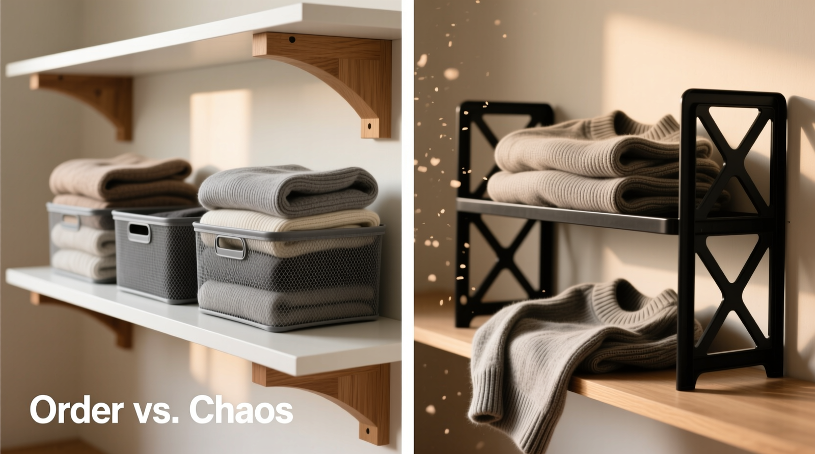 Side-by-side photo: left shows neatly folded sweaters upright in gray elasticized mesh bins on a white oak shelf; right shows identical sweaters collapsed sideways behind wobbly black plastic shelf dividers, with one sweater fallen onto the shelf below
