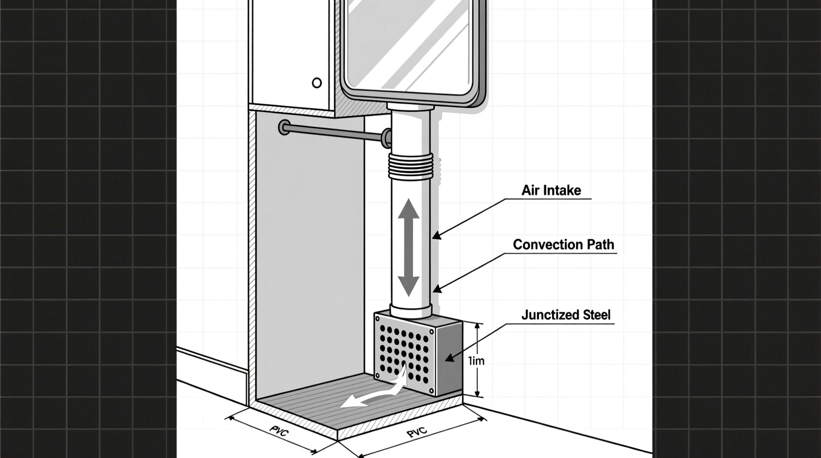 Cross-sectional diagram showing ventilated PVC conduit routed vertically behind a smart mirror frame, terminating into a perforated metal junction box at the closet floor, with labeled airflow arrows indicating upward convection and passive intake at base