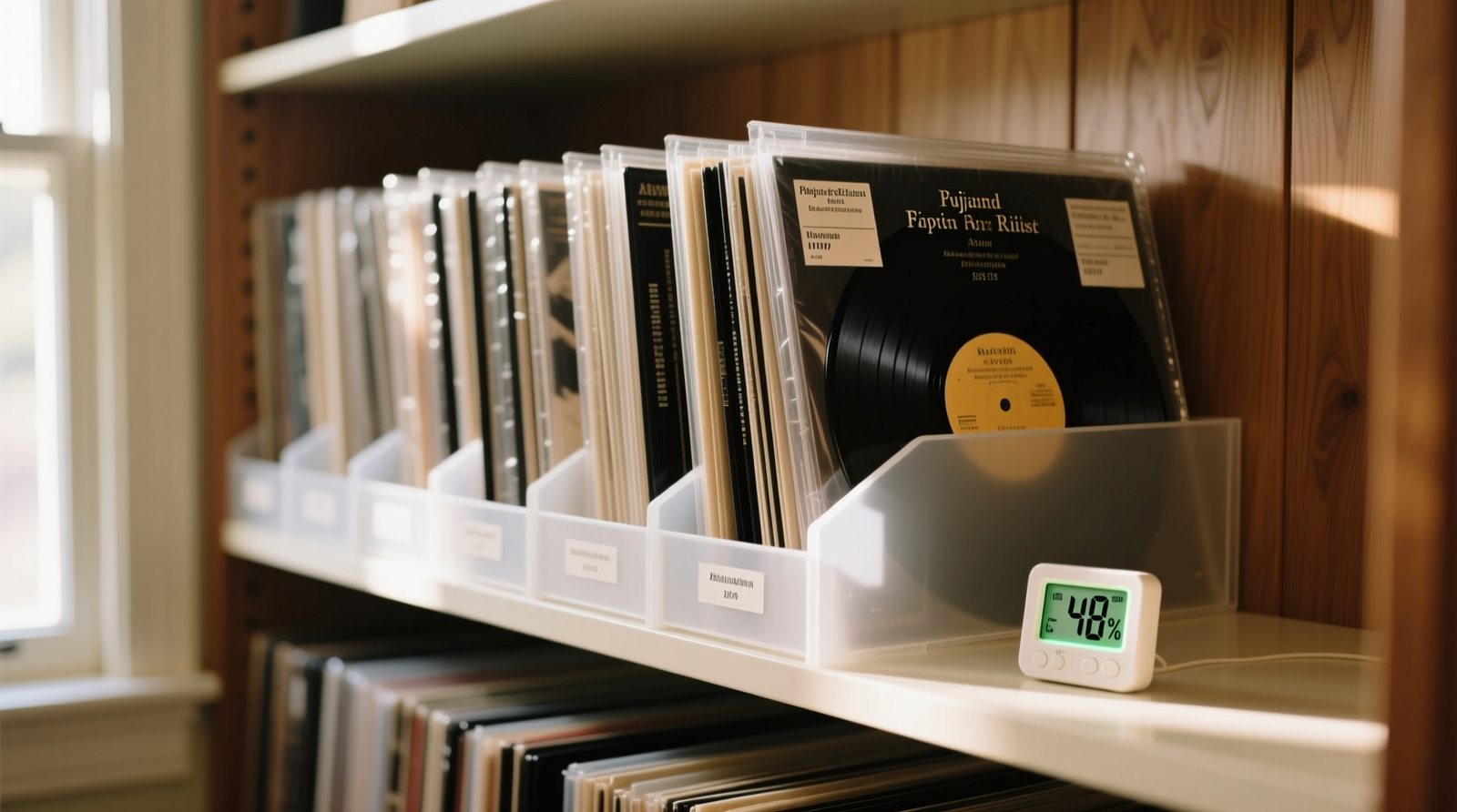 A well-lit closet shelf showing vinyl records stored vertically in archival polypropylene sleeves, with labeled spines, rigid shelf dividers, and a small hygrometer visible on the shelf edge
