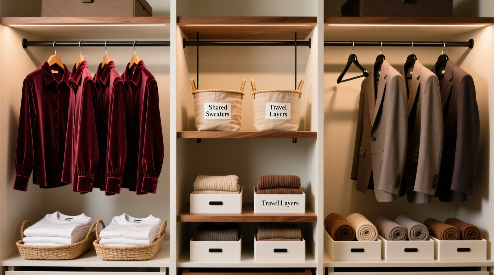 A well-lit walk-in closet divided vertically: left side shows minimalist white open shelving with neatly folded knitwear and stacked shoes; right side features floor-to-ceiling frosted glass sliding doors concealing hanging clothes and drawers; a neutral-toned center zone holds double-hung coats and a shallow pull-out hamper