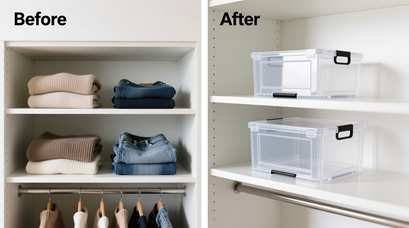 Side-by-side comparison showing a 16-inch-deep closet shelf with two-tier risers holding folded sweaters and jeans visibly, versus the same shelf with two stacked acrylic boxes where the lower box is partially obscured and the top box overhangs slightly