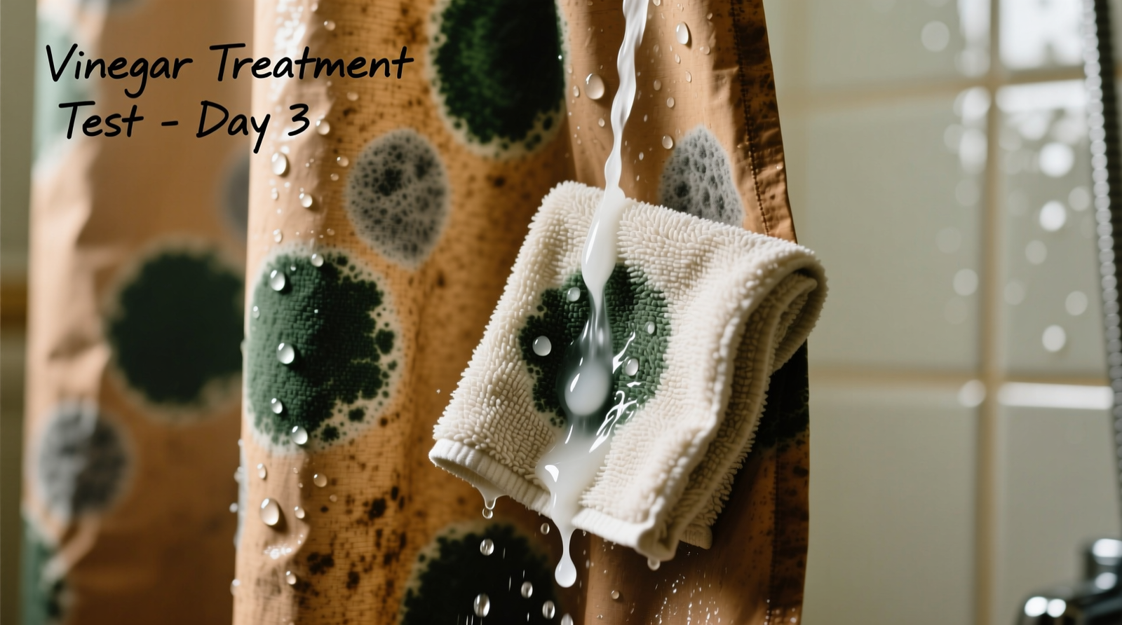 Close-up photo of a recycled PET shower curtain with visible mildew spots being treated with vinegar applied via folded microfiber cloth; droplets glisten on the surface, showing targeted saturation without runoff
